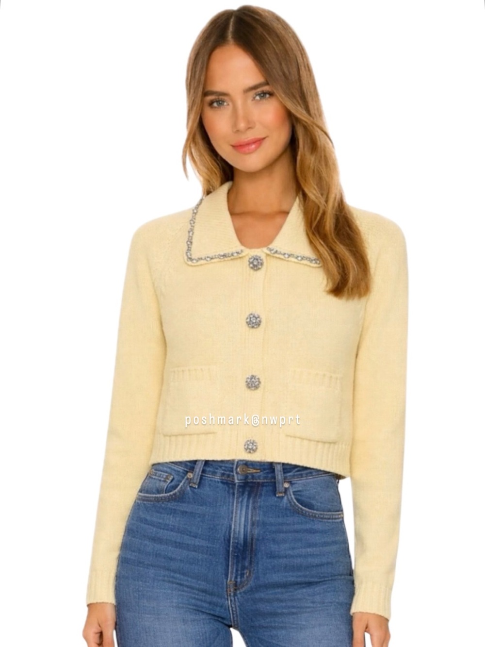 ZARA Jeweled Knit Cardigan Sweater Butter Yellow Rhinestone S Small M Medium XS